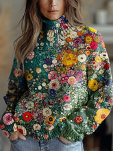 Women's Vintage Art Oil Painting Flowers Print Knit Turtleneck Pullover Sweater